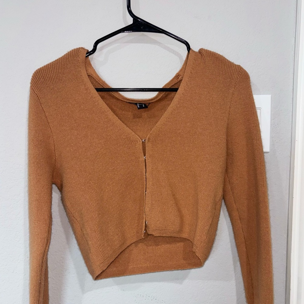 Forever 21 Rust Brown Cropped V-Neck Button Cardigan